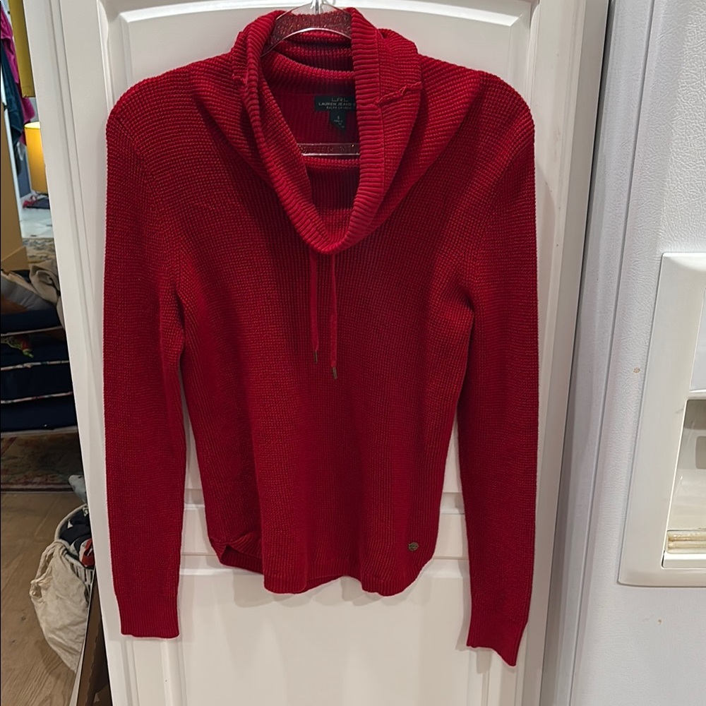 Women's LRL Ralf Lauren Jeans Red Cowl Neck Sweater small drawstring